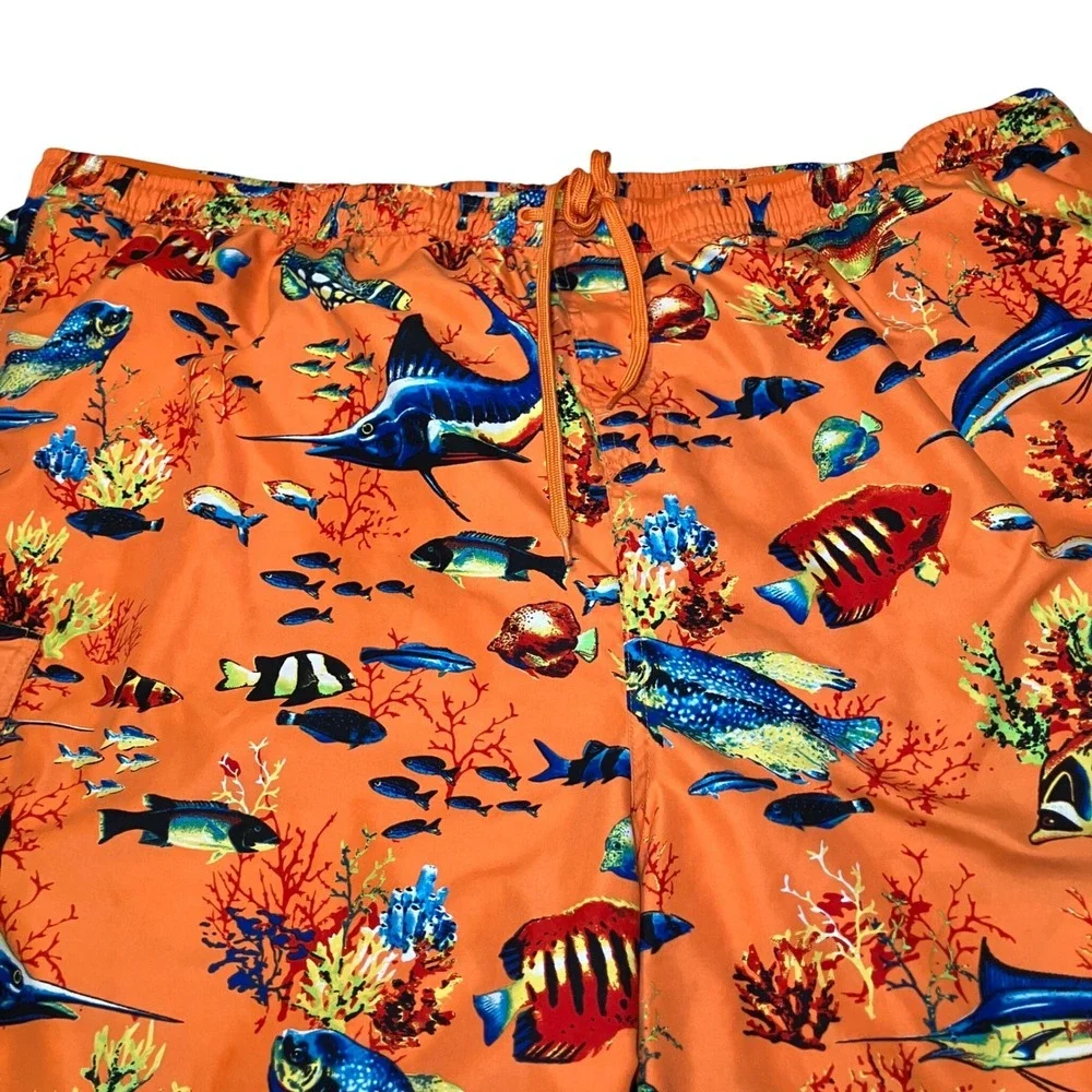 Island Shores Mens 5XL Swim Trunks Orange Tropical Fish Coral Cargo Pockets